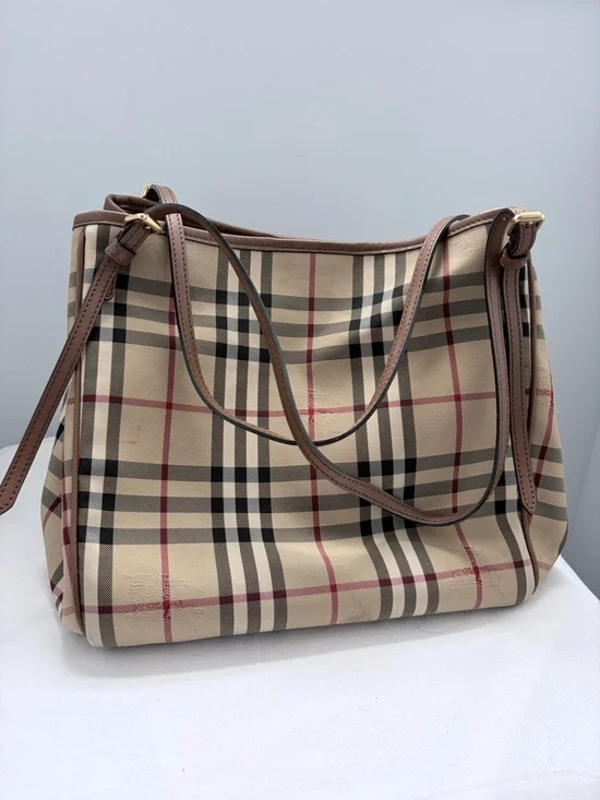 Burberry Beige Plaid Shoulder Bag with Brown Leather Straps - Picture 1 of 8